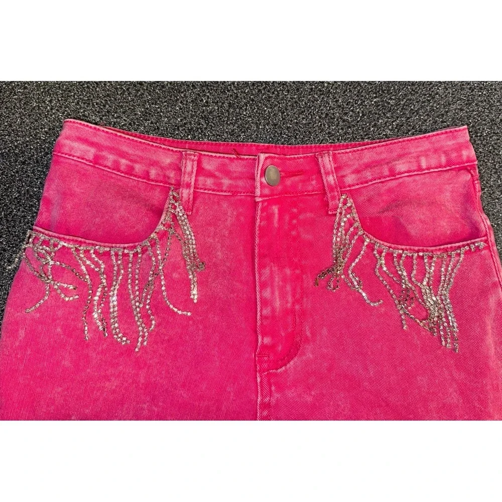 Ladies Blue B Collection Pink Denim Rhinestone Accent Pockets Bell Bottom Size S